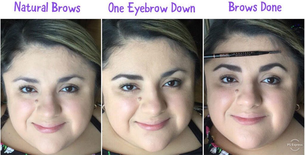 Three photos in a row of a Latina female's face showing the various ways to have eyebrows done. It says Natural brows, one eyebrow down, Brows done. Cruelty free make up.
