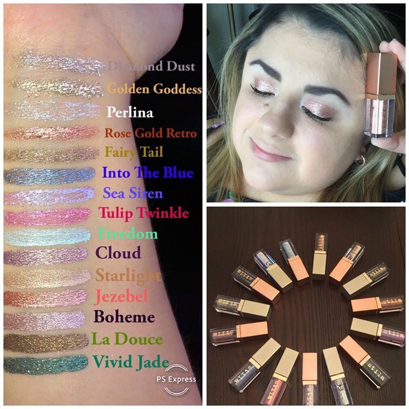 Three images in one. Split screen. On the left, a forearm with the various cruelty free eye shadow colors and their names. On the right, Sofia has her eyes closed and is showing the look of one of the colors. Underneath, the shadows placed in a circle to display all of the colors. Cruelty free make up