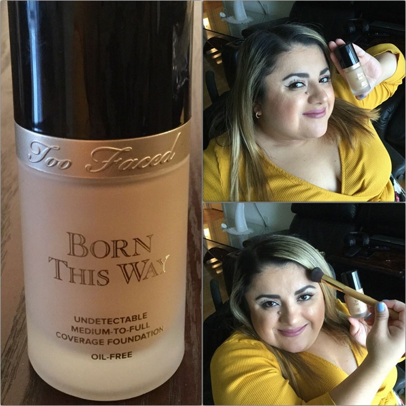 Split screen. On the left, the TOO FACED cruelty free make up foundation and on the right, Sofia is in her wheelchair holding the foundation bottle next to her face and smiling. Underneath, she is smiling as she holds a cosmetics brush against her forehead and the other hand is holding the foundation.