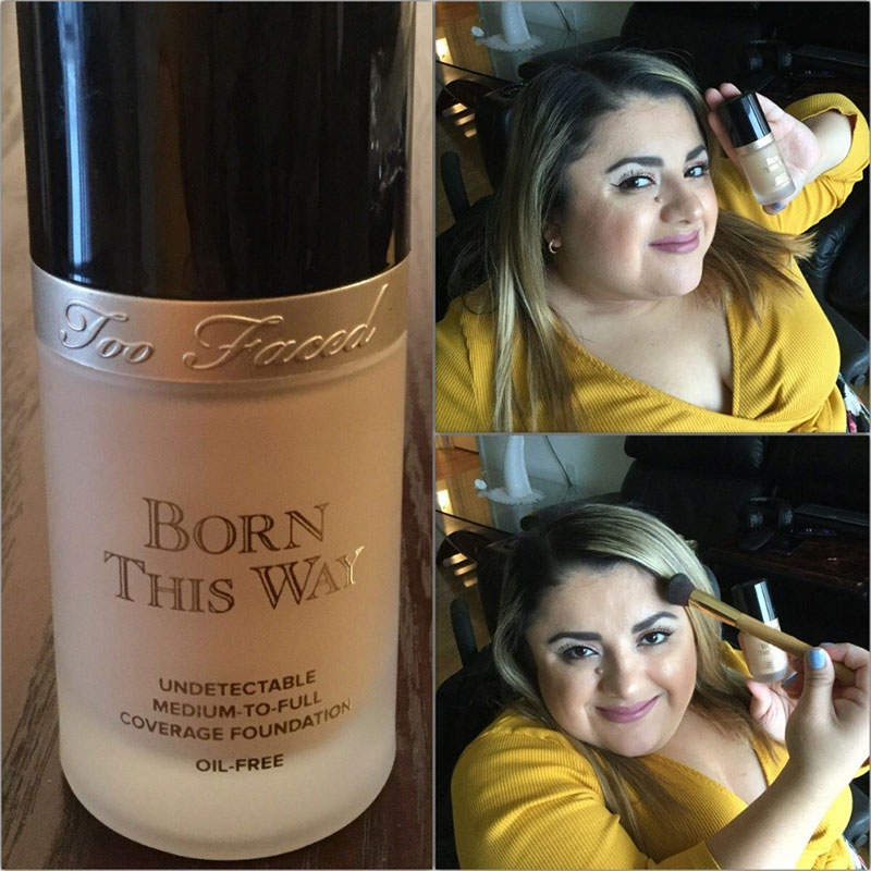 Split screen. On the left, the TOO FACED cruelty free make up foundation and on the right, Sofia is in her wheelchair holding the foundation bottle next to her face and smiling. Underneath, she is smiling as she holds a cosmetics brush against her forehead and the other hand is holding the foundation. 