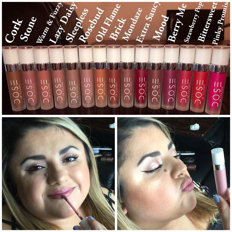 Split screen. Top all of the DOSE cruelty free cosmetic colors for lips. On the bottom, Sofia putting on the lipstick on her left and puckering her lips with her eyes closed on the right. 