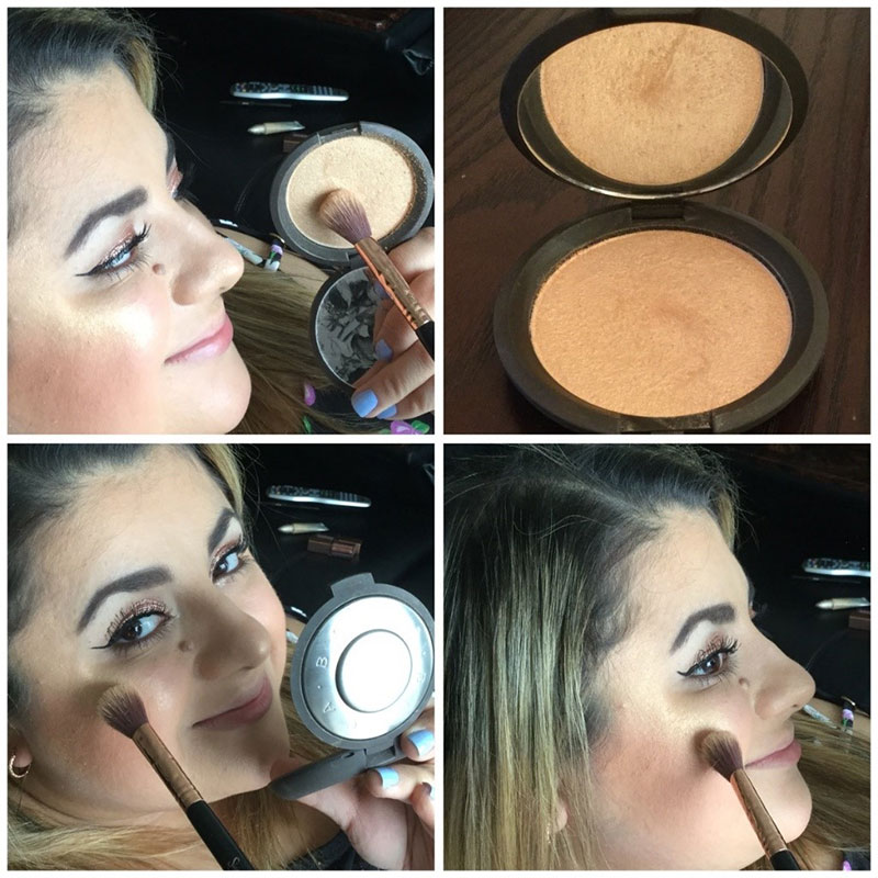 Split screen. Left Sofia smiles while holding the cruelty free highlighter compact and a brush. On the right, the compact open.