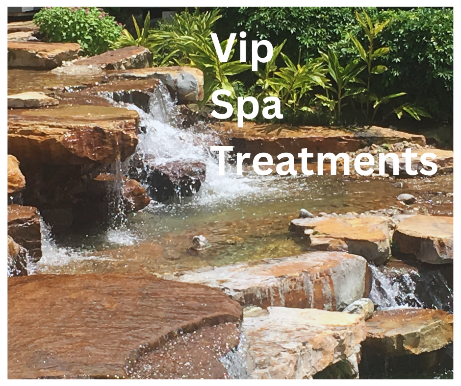 Spa Treatment photo. Terra cotta colored rocks in a waterfall. The words VIP SPA Treatments are in white across the photo.
