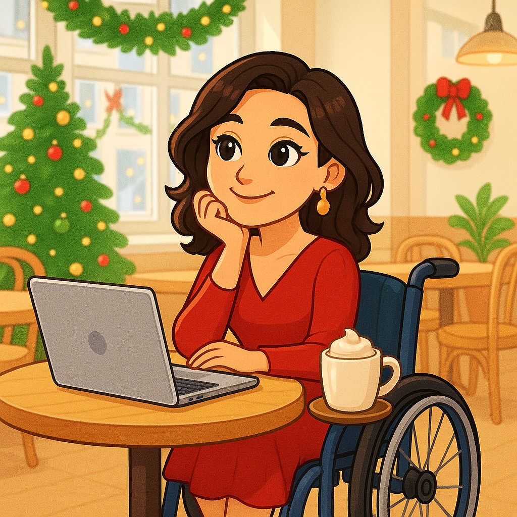 cartoon of a latina in a wheelchair, sitting in a cafe. she has her laptop opened, and her face is resting on her right hand as she smiles. it gives the appearance she is thinking.