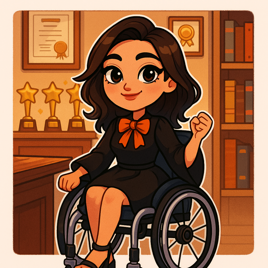cartoon of a Latina in a manual wheelchair. She is in an office with awards and trophies.