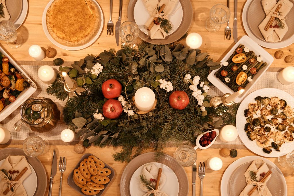 birds' eye view of a holiday table setting